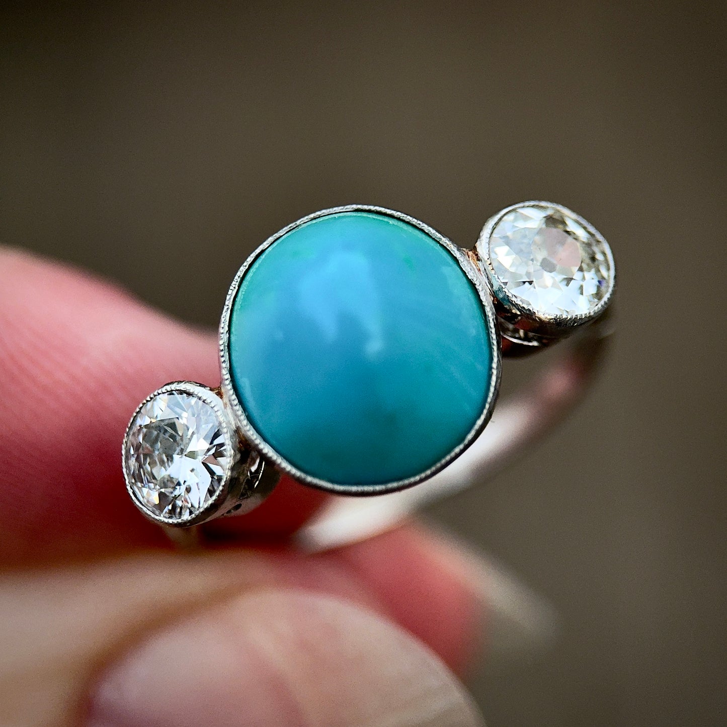 Platinum Art Deco Antique Sugarloaf Turquoise & Old Cut Diamond Three Stone Ring
