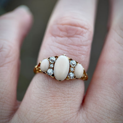 18CT Gold Antique Edwardian (1907) Angel Skin Coral & Old Cut Diamond Ring