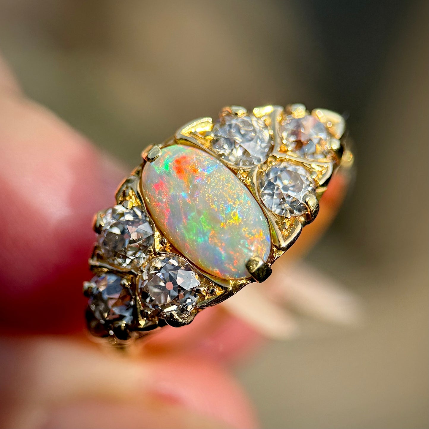 18CT Gold Antique Victorian Black Crystal Dark Opal 1.2ct Old Cut Diamond Ring