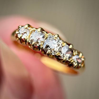 18ct Gold Antique 1.15ct Old Cut Diamond Five Stone Half Hoop Ring Size O