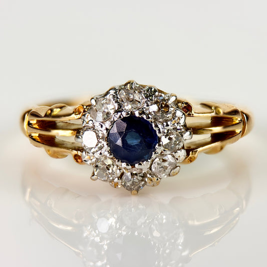 18CT Gold Antique 0.25ct Sapphire & 0.32ct Old Cut Diamond Cluster Ring