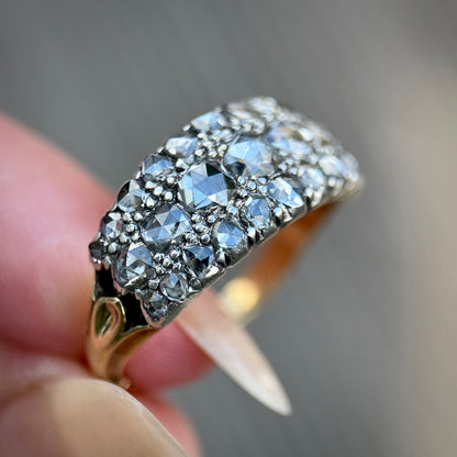 18ct Gold & Silver Antique Georgian 2.1ct Old Rose Cut Diamond Triple Row Ring