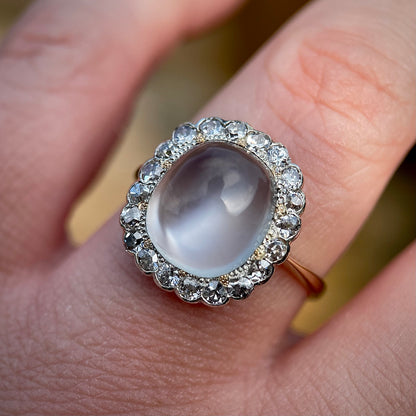 18ct Gold Large Antique Sugar loaf Moonstone & Old Cut Diamond Cluster Ring