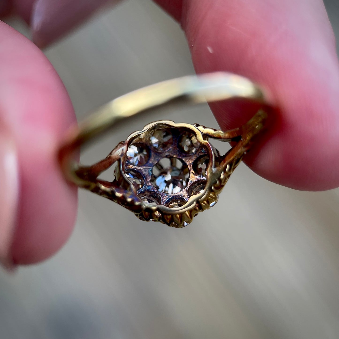18CT Gold Antique 1.20CT Old Cut Diamond Cluster Ring Size Q