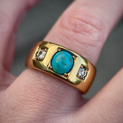 18CT Gold Antique Victorian Turquoise Old Cut Diamond 3 Stone Gypsy Ring 15.8g
