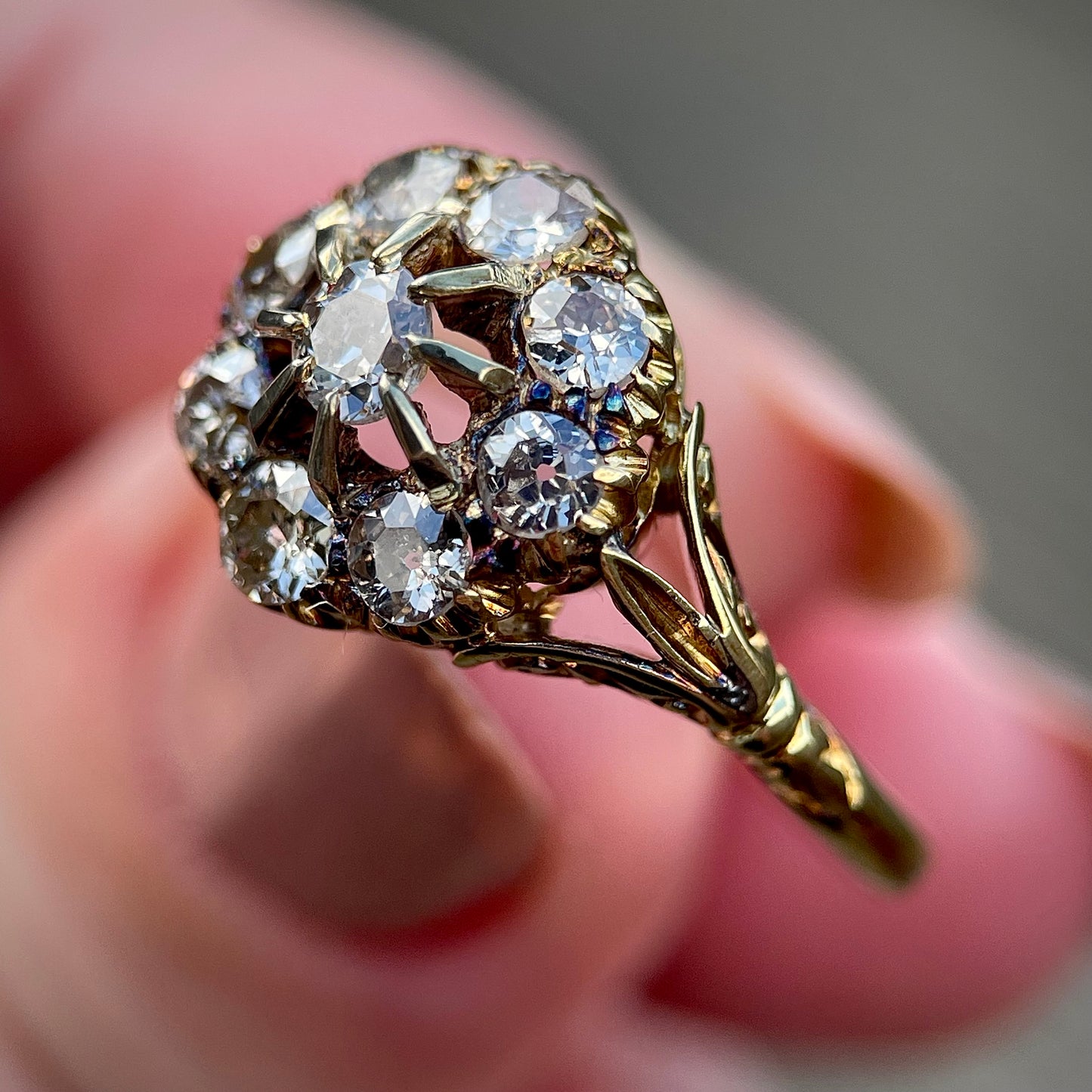 18CT Gold Antique 1.20CT Old Cut Diamond Cluster Ring Size Q