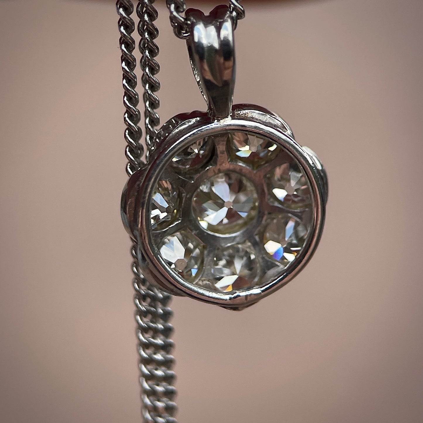 Antique 1.3CT Old Cut Diamond Daisy Pendant Charm & Chain 18" White Gold