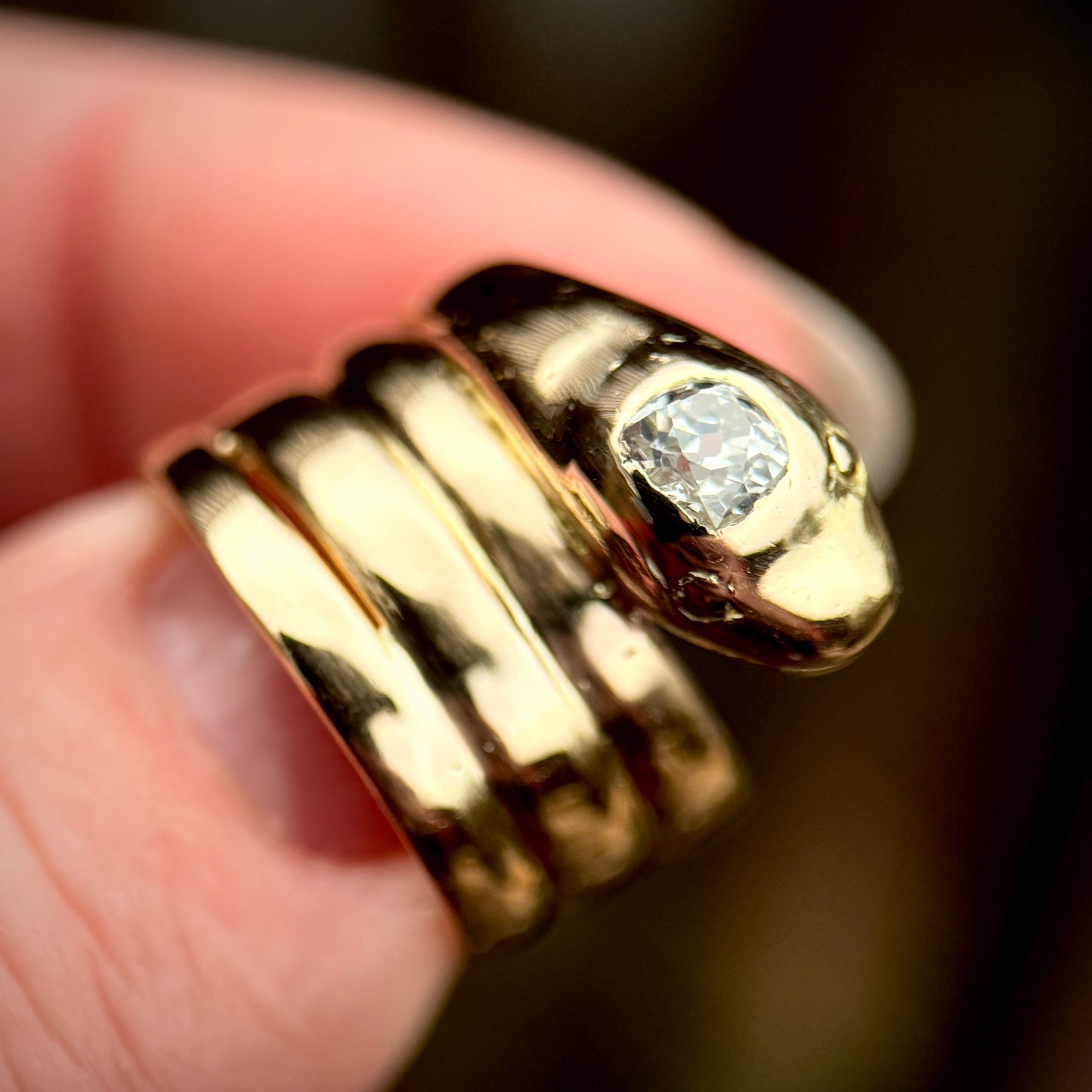 18CT Gold Antique Victorian 0.30ct Old Cut Diamond Snake Ring 9.7 grams