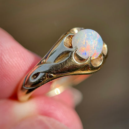 18CT Gold Antique Victorian Fiery Crystal Opal Solitaire Gypsy Ring Size L 1/2