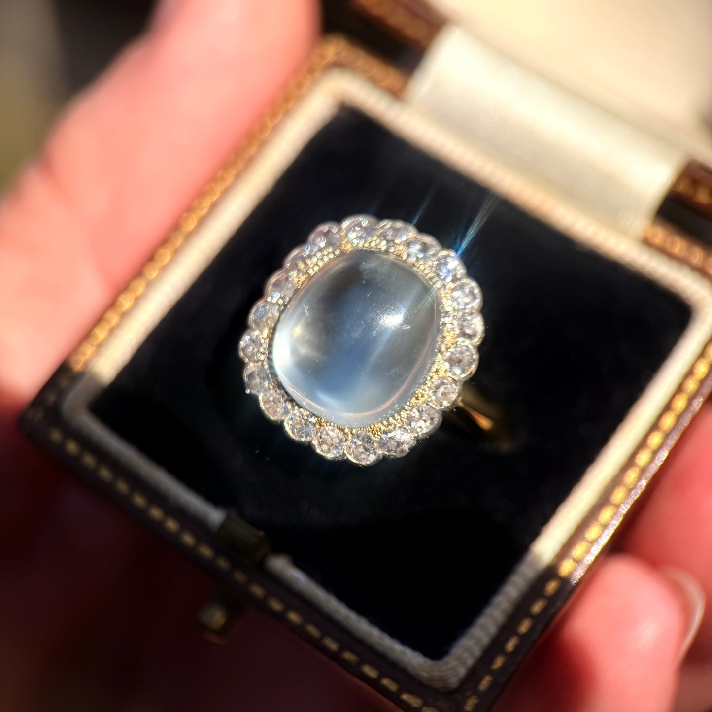 18ct Gold Large Antique Sugar loaf Moonstone & Old Cut Diamond Cluster Ring