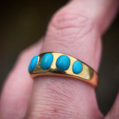18ct Gold Antique Victorian Turquoise 5 Stone Gypsy Ring size S1 /2 HEAVY 6.8g