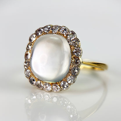 18ct Gold Large Antique Sugar loaf Moonstone & Old Cut Diamond Cluster Ring