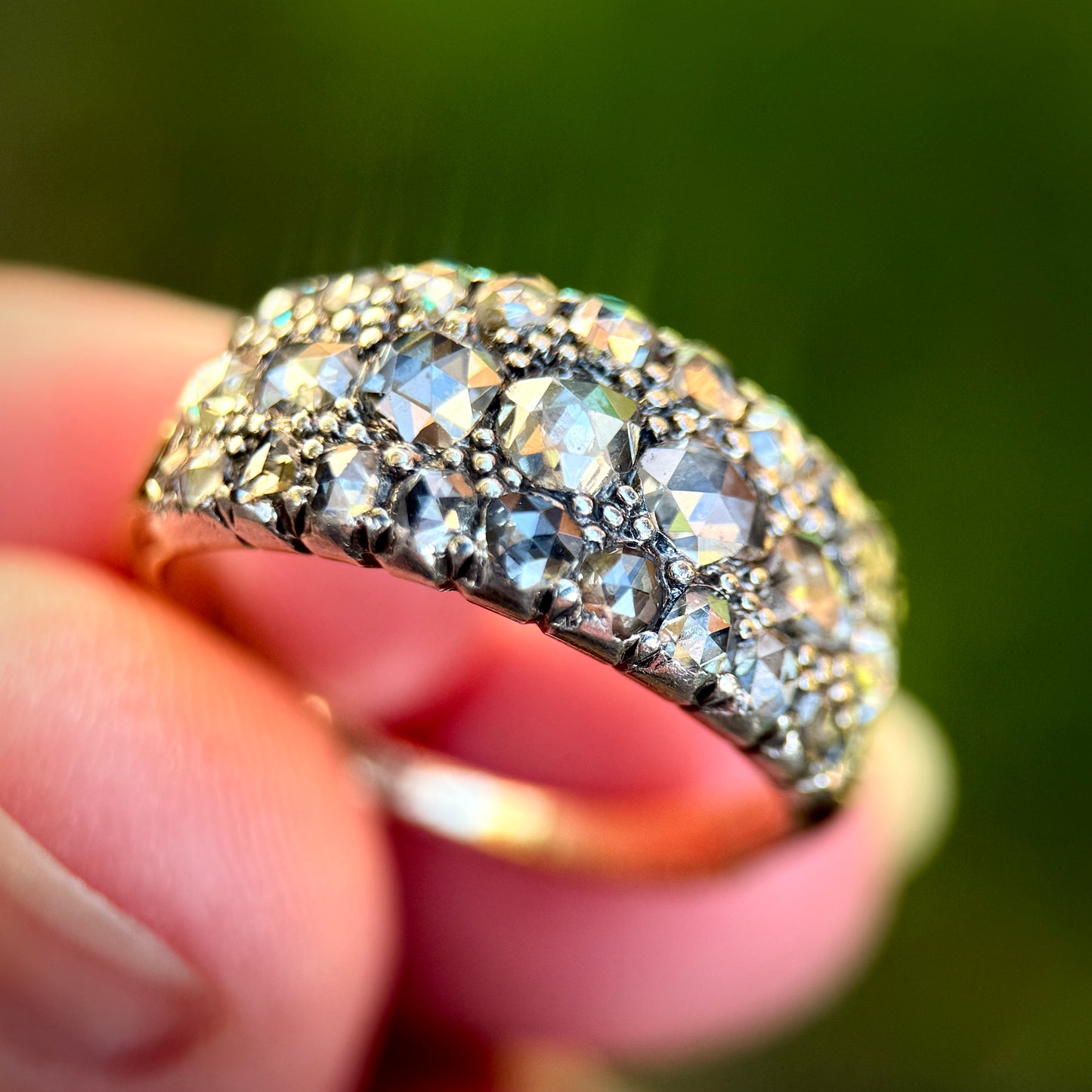18ct Gold & Silver Antique Georgian 2.1ct Old Rose Cut Diamond Triple Row Ring