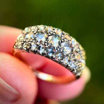 18ct Gold & Silver Antique Georgian 2.1ct Old Rose Cut Diamond Triple Row Ring