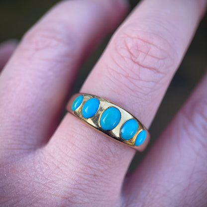 18ct Gold Antique Victorian Turquoise 5 Stone Gypsy Ring size S1 /2 HEAVY 6.8g
