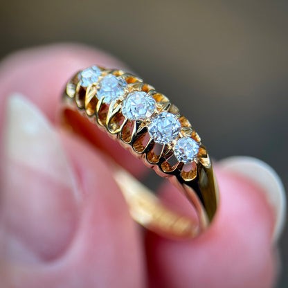 18ct Gold 0.40CT Antique Fully Hallmarked Old Cut Diamond Five Stone Ring Size N