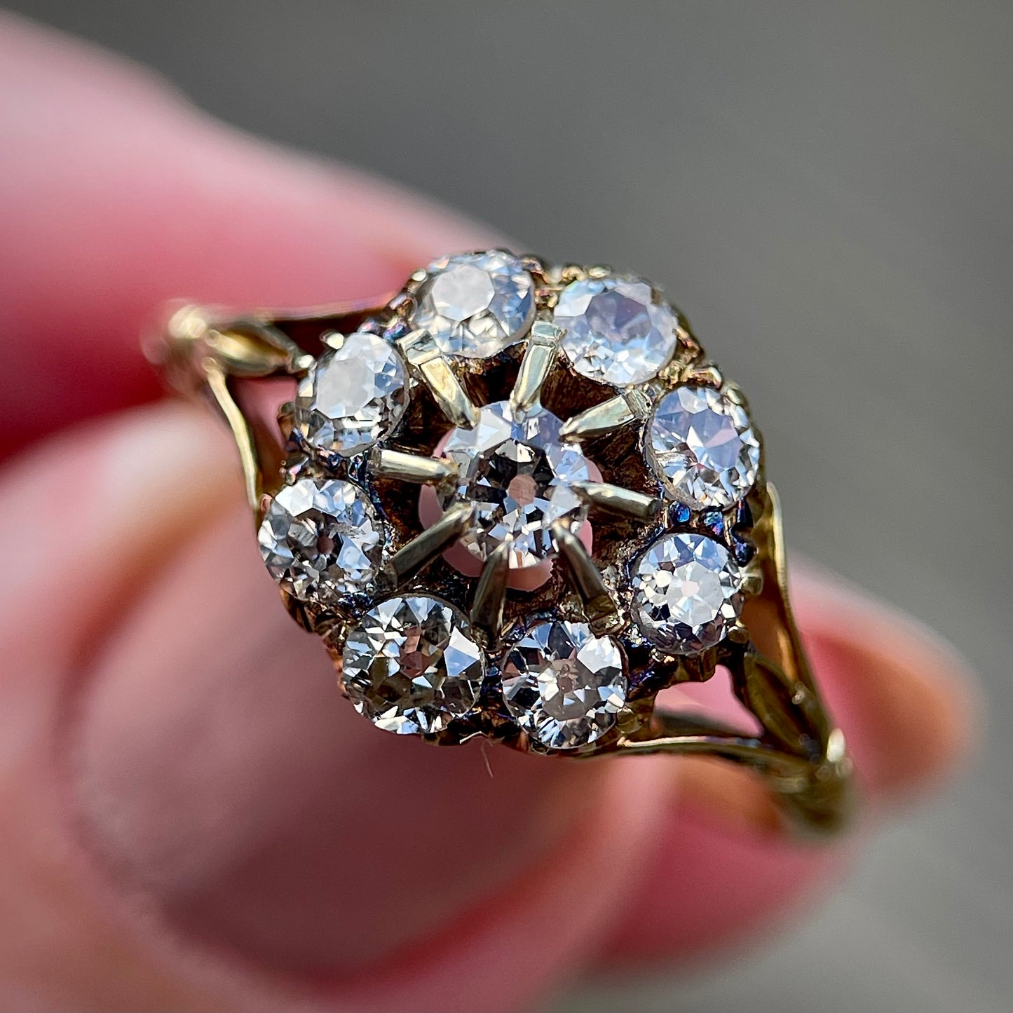 18CT Gold Antique 1.20CT Old Cut Diamond Cluster Ring Size Q