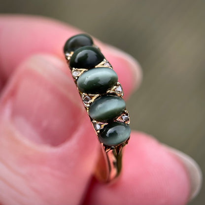 18CT Gold Antique Victorian (1887) Cats Eye Chrysoberyl & Diamond Ring