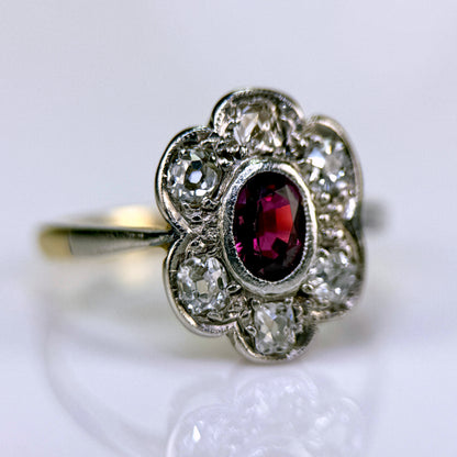 18ct Gold Plat Antique Edwardian Old Cut Diamond & Ruby Daisy Cluster Ring