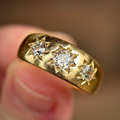 18ct Gold Antique Hallmarked 0.75ct Old Cut Diamond three stone gypsy ring Heavy