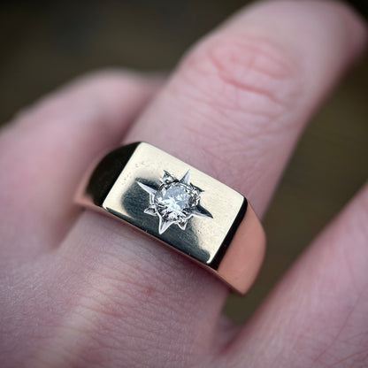 9CT Gold Diamond Solitaire Signet Gypsy Ring Heavy 9.7 grams Size U 1/2