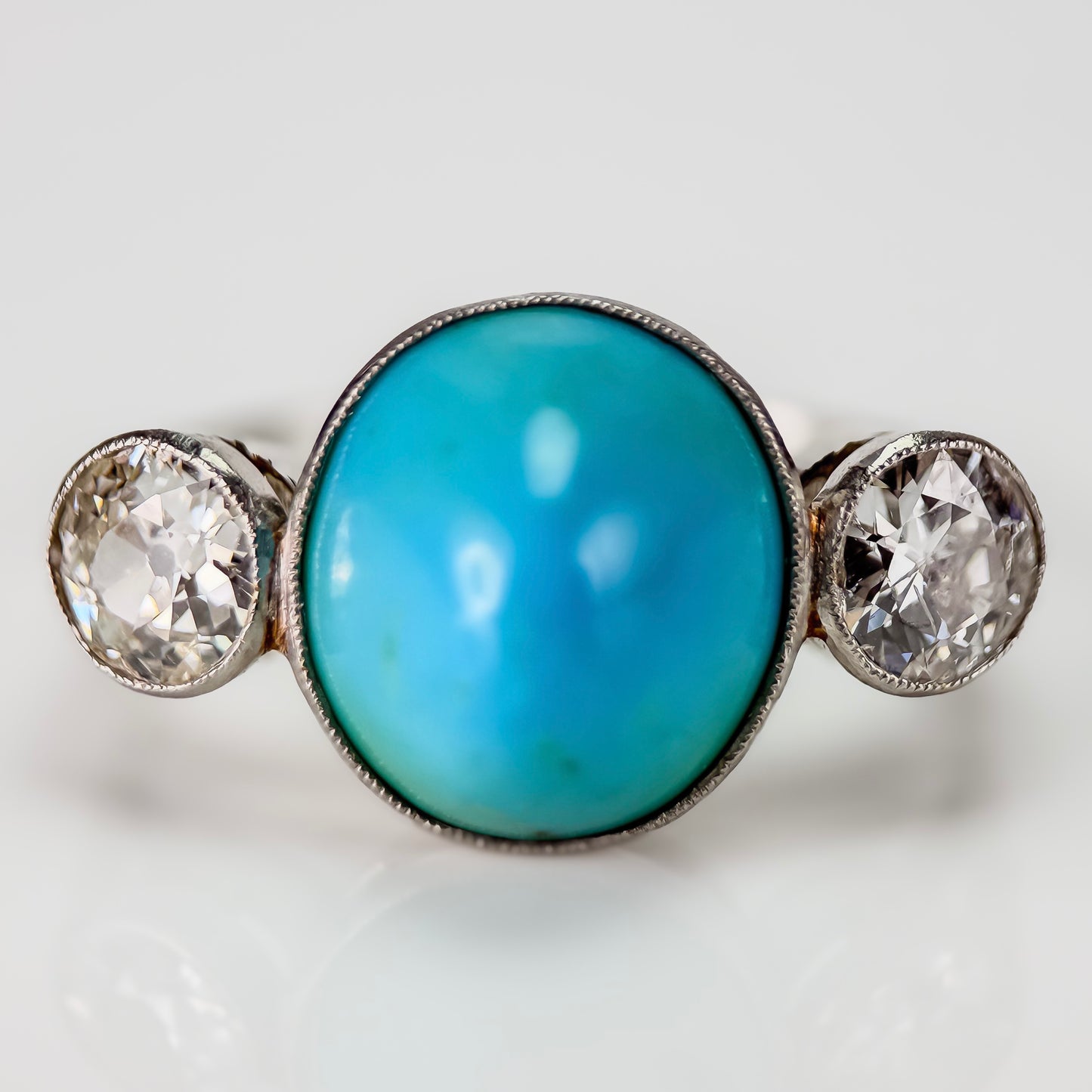 Platinum Art Deco Antique Sugarloaf Turquoise & Old Cut Diamond Three Stone Ring