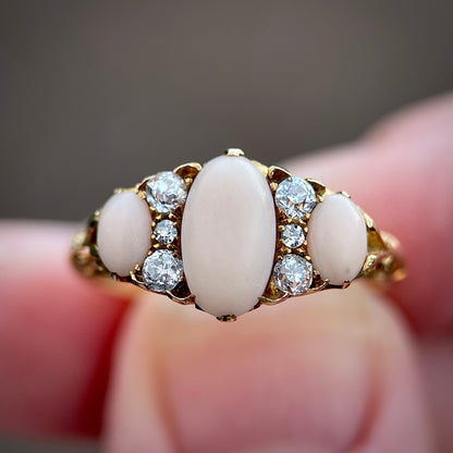 18CT Gold Antique Edwardian (1907) Angel Skin Coral & Old Cut Diamond Ring