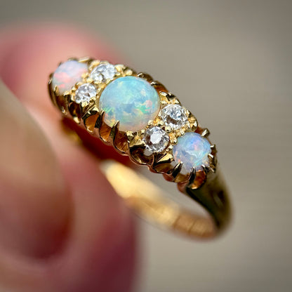 DEPOSIT PAYMENT 1 *** 18CT Gold Antique Fully Hallmarked Fiery Crystal Opal & Old Cut Diamond Ring