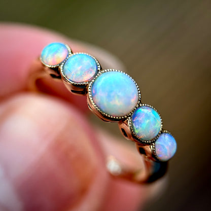 18CT Gold antique fiery crystal Opal five stone half hoop milgrain set ring