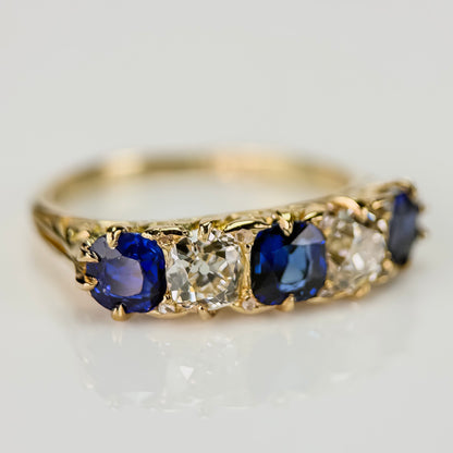 18ct Gold Antique Victorian 1.5ct Sapphire & 1ct Old Cut Diamond Five Stone Ring
