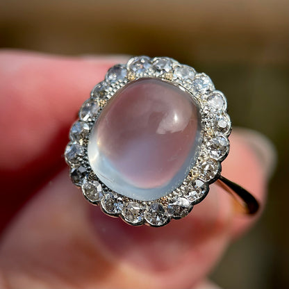 18ct Gold Large Antique Sugar loaf Moonstone & Old Cut Diamond Cluster Ring