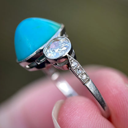 Platinum Art Deco Antique Sugarloaf Turquoise & Old Cut Diamond Three Stone Ring