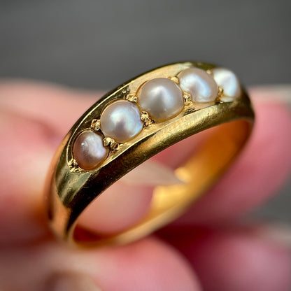 Heavy 18CT Gold Antique Pearl five stone half hoop gypsy ring 7.4g Size R 1/2