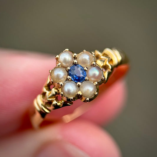 18ct Gold Antique Victorian Fully Hallmarked Sapphire & Pearl Daisy Cluster Ring
