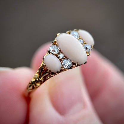 18CT Gold Antique Edwardian (1907) Angel Skin Coral & Old Cut Diamond Ring