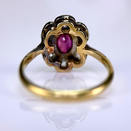 18ct Gold Plat Antique Edwardian Old Cut Diamond & Ruby Daisy Cluster Ring