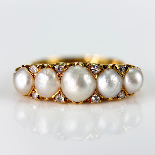 HUGE 18CT Gold Antique Pearl & old cut diamond five stone half hoop ring 7.8g