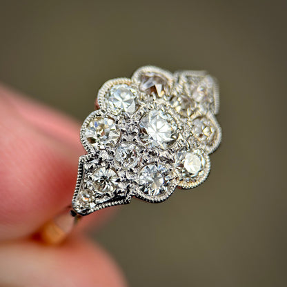 18ct Gold Antique Edwardian 0.75ct Old Cut Diamond Daisy Cluster Ring