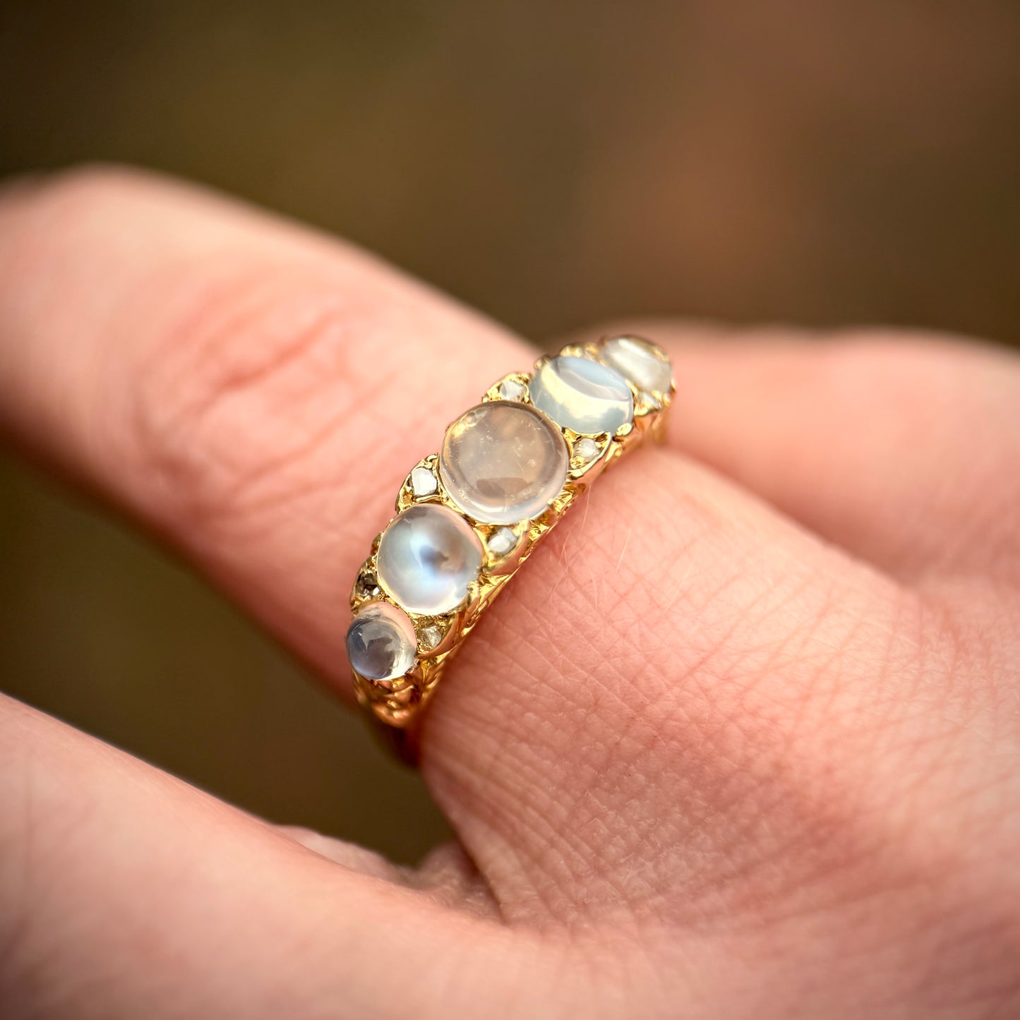 *RESERVED* + resize to a P 18ct Gold Antique Fully Hallmarked Moonstone & Old Cut Diamond Half Hoop Ring