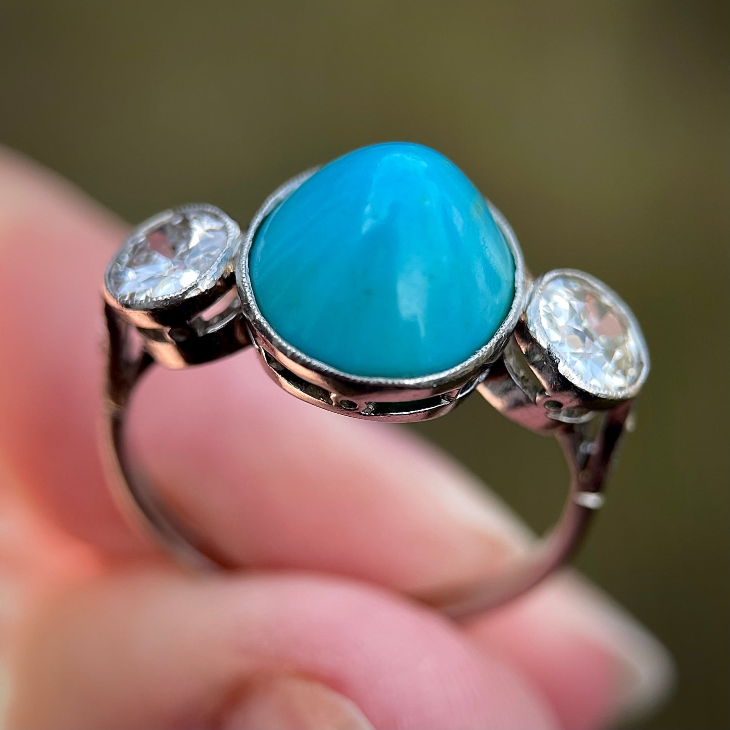 Platinum Art Deco Antique Sugarloaf Turquoise & Old Cut Diamond Three Stone Ring