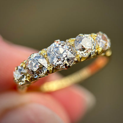 18ct Gold 1.625ct Antique Fully Hallmarked Old Cut Diamond Five Stone Ring