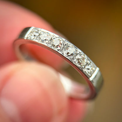 18CT White Gold 0.42ct Old Cut Diamond Half Eternity Band Ring Size N 1/2 4.5g