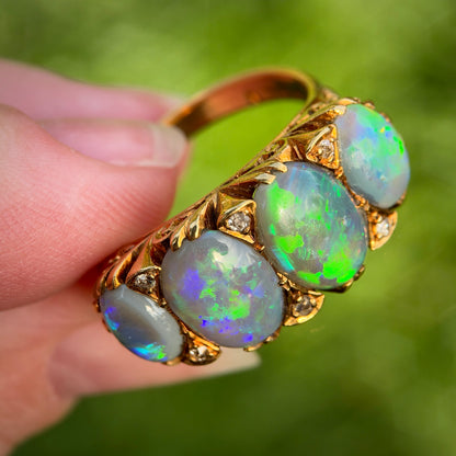 18CT Gold Large Antique Victorian Black Crystal Opal & Old Cut Diamond Ring