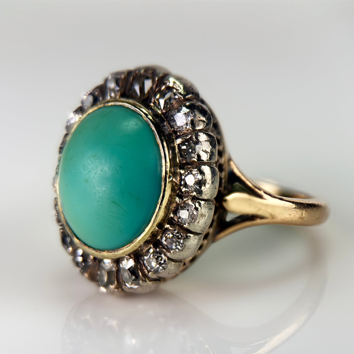 18ct Gold Antique Turquoise & 0.92ct Old Mine Cut Diamond Cluster Cocktail Ring