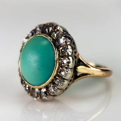 18ct Gold Antique Turquoise & 0.92ct Old Mine Cut Diamond Cluster Cocktail Ring
