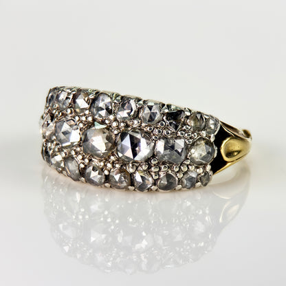 18ct Gold & Silver Antique Georgian 2.1ct Old Rose Cut Diamond Triple Row Ring