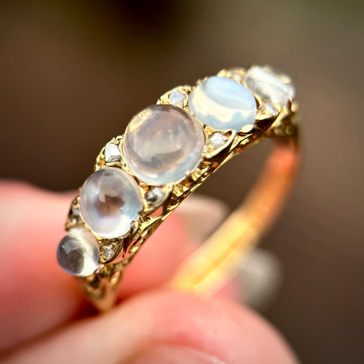 *RESERVED* + resize to a P 18ct Gold Antique Fully Hallmarked Moonstone & Old Cut Diamond Half Hoop Ring