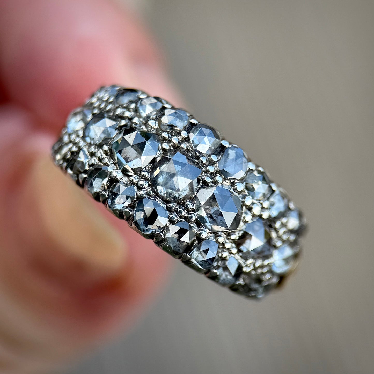18ct Gold & Silver Antique Georgian 2.1ct Old Rose Cut Diamond Triple Row Ring