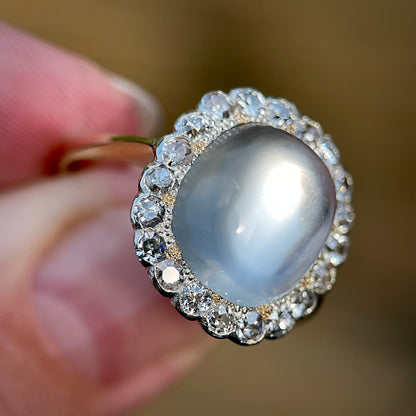 18ct Gold Large Antique Sugar loaf Moonstone & Old Cut Diamond Cluster Ring