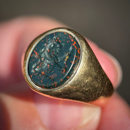 *RESERVED* + RESIZE to J 1/2 UK 18ct Gold Antique Victorian Lion Intaglio Solitaire Signet Ring HEAVY 9.3g